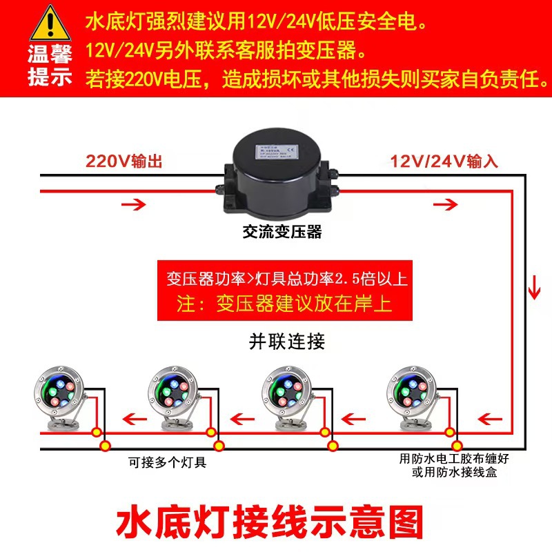 Wireless remote control led underwater light, special underwater light, pool waterproof spotlight, 24V stainless steel seven-color fountain fish tank Application Scenario