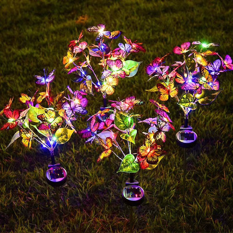 In-stock outdoor waterproof solar color LED butterfly flower tree ground insert light, festival decoration garden lawn light full figure