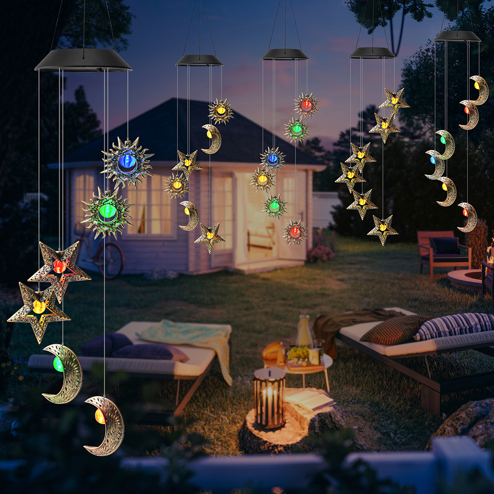 Outdoor solar garden lights, European retro hollowed-out garden lights, moon wind chime pendants, landscape atmosphere decorative lights Specification drawing
