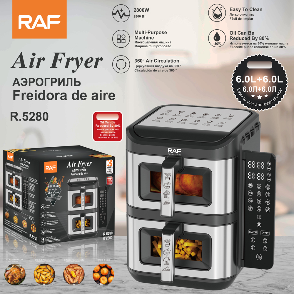 RAF European Standard double-layer air electric fryer 6L+6L large capacity pot Household multi-functional intelligent oil-free smokeless electric fryer R.5280 full figure