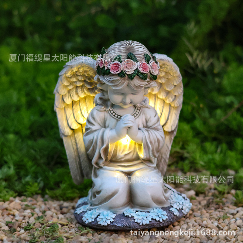 Cross-border new product resin Prayer Angel solar lamp, outdoor little girl decorative garden ornament, home courtyard lamp full figure