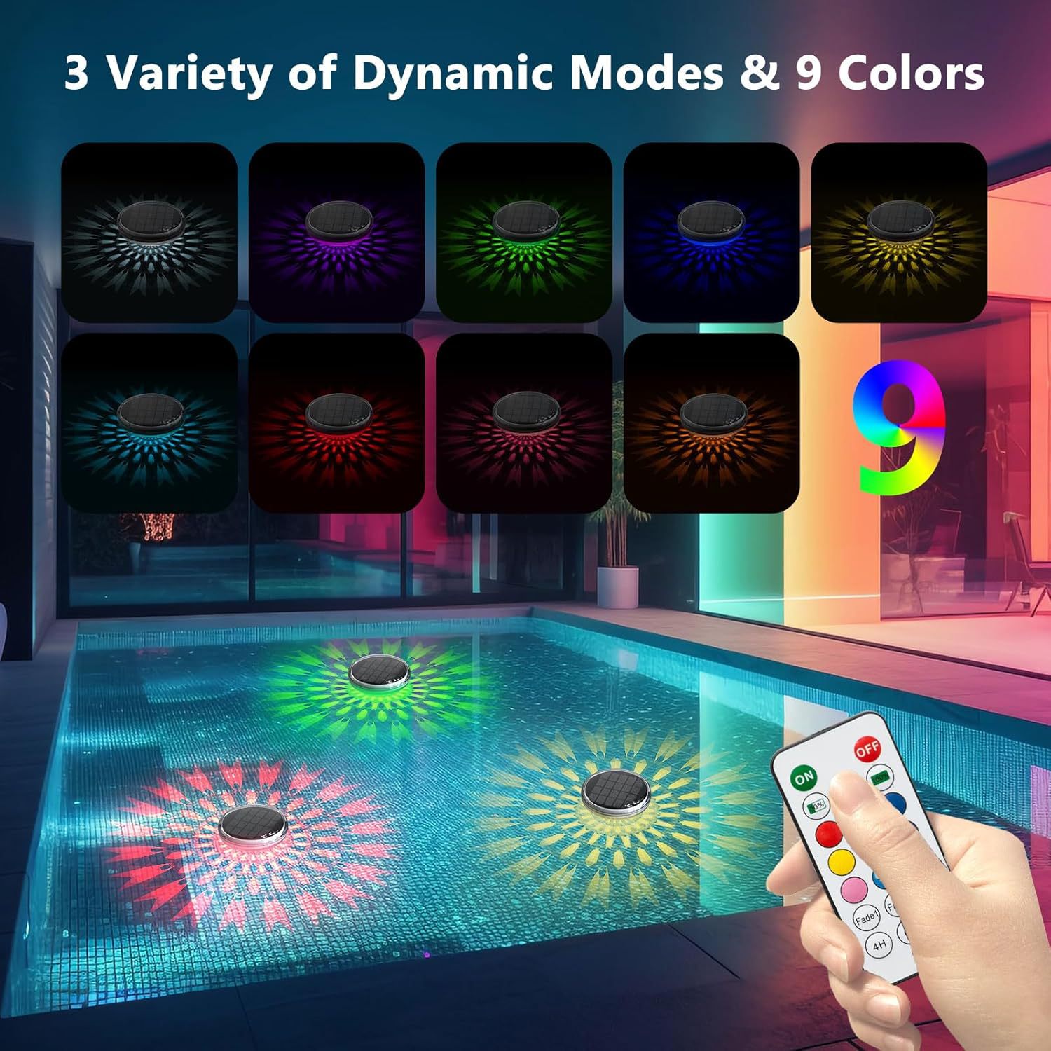Best-selling cross-border new product: Solar remote control water float light, multi-color dynamic light and shadow three-mode courtyard atmosphere swimming pool light Specification drawing