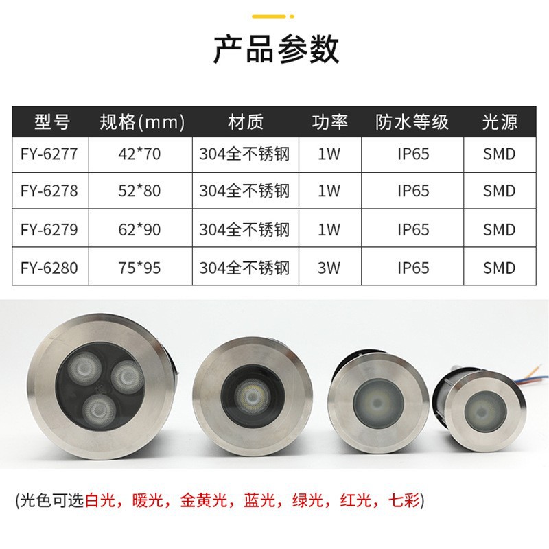All-stainless steel led underwater buried light, low-voltage 12v-24v underwater spotlight, small fishpond light, embedded 3w details Picture