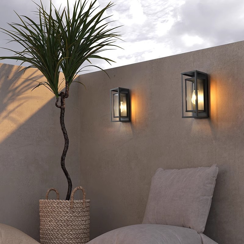 Simple outdoor waterproof wall lamps for balconies, corridors, doorways, outdoor villas, gardens, glass lampshades, and terrace lighting fixtures Specification drawing