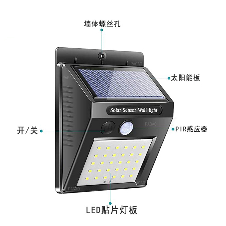 Solar wall lamp 20led outdoor garden and courtyard lamp, household human body sensor new rural waterproof street lamp Item Picture