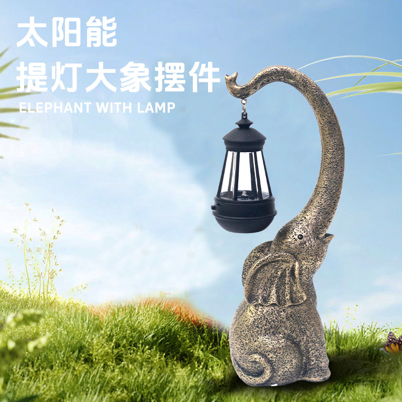 Cross-border balcony landscaping and arrangement, imitation stone elephant resin atmosphere lantern display, courtyard garden decoration, solar lamp Application Scenario