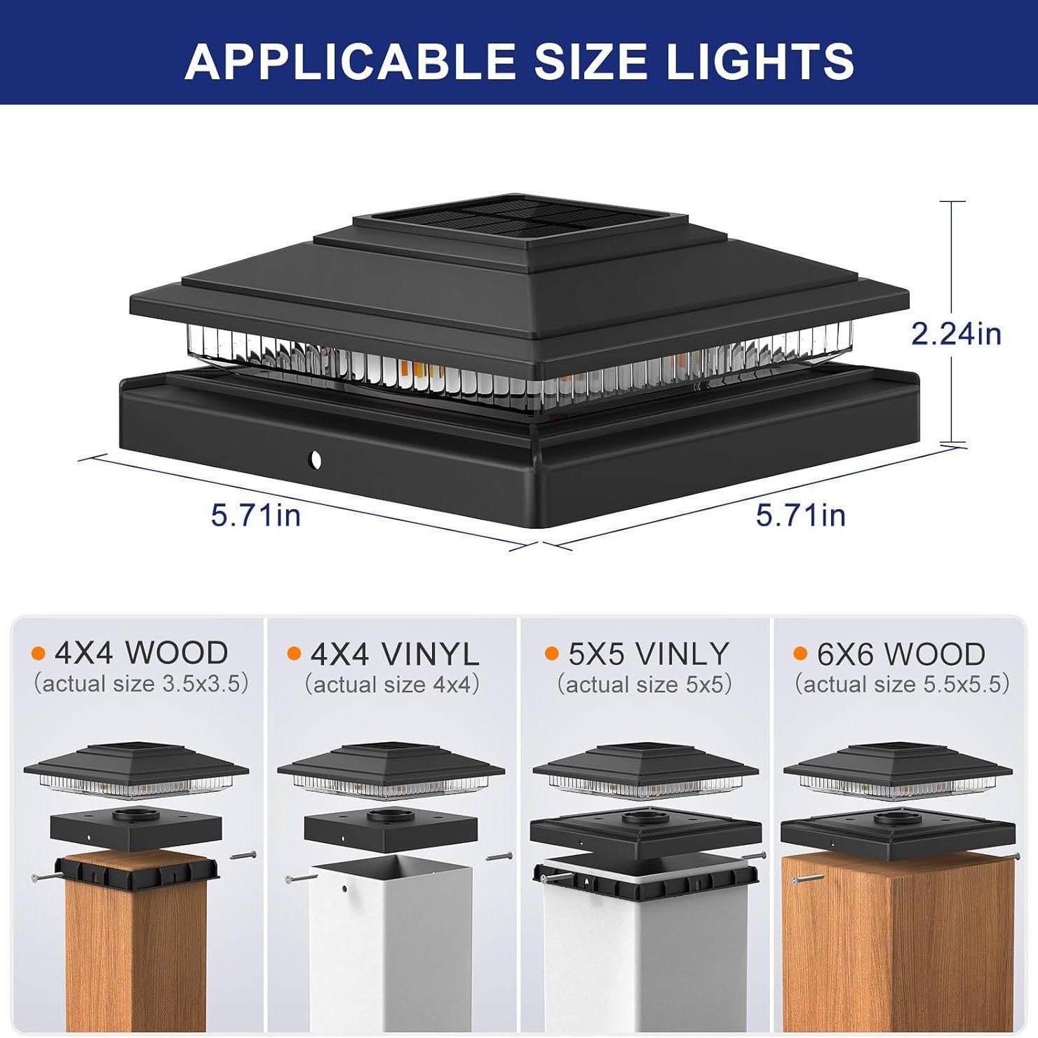 Outdoor solar column lights with 2 lighting modes and 16 LED solar column cover lights are suitable for deck fences Specification drawing
