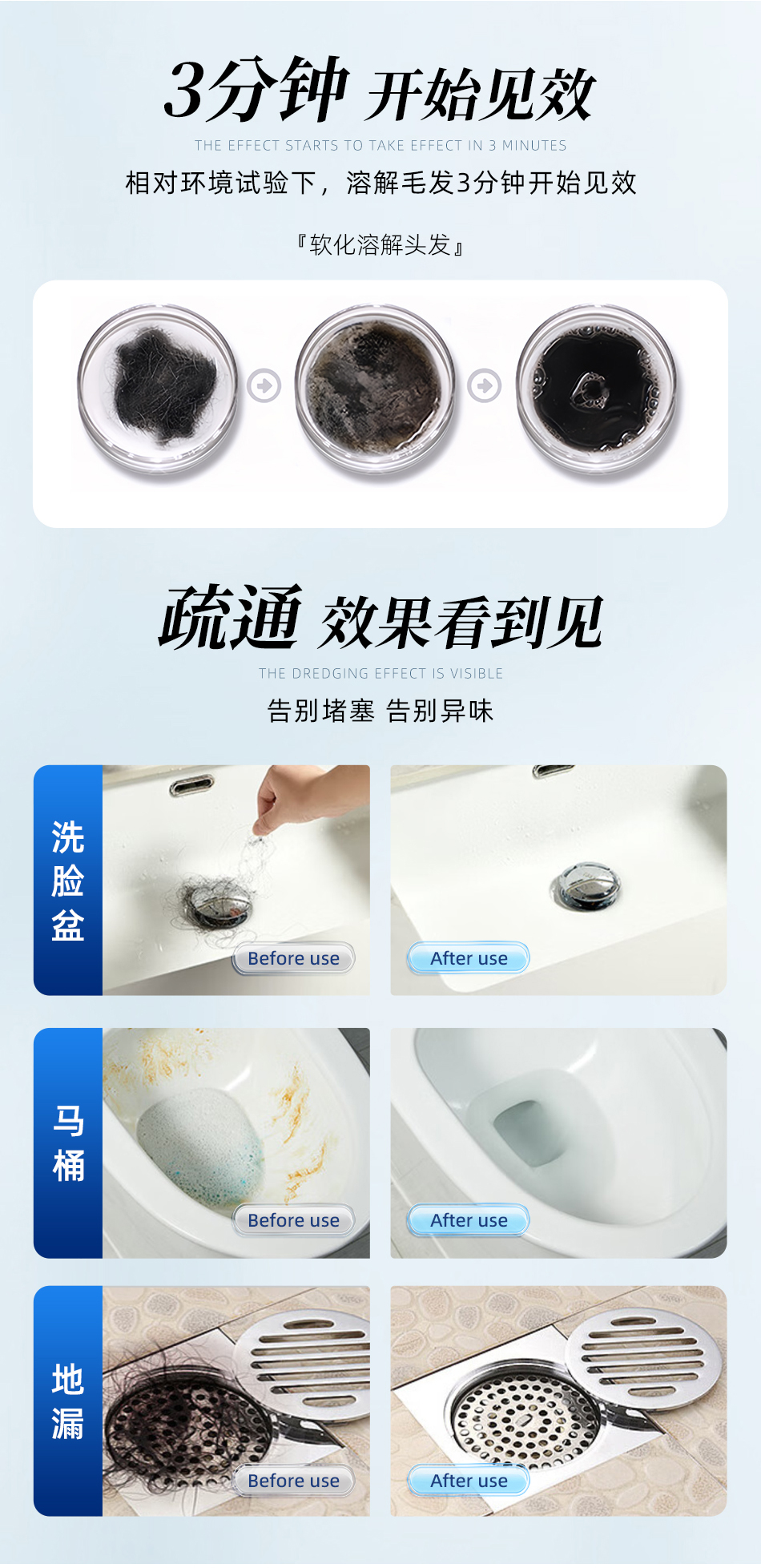 OAKWOOD bathroom drain Unclogging agent is a powerful tool for dissolving small flying insects, clogging oil stains, floor drains, hair, bathroom toilets, deodorizing and sterilizing, and unclogging sewers pic 6