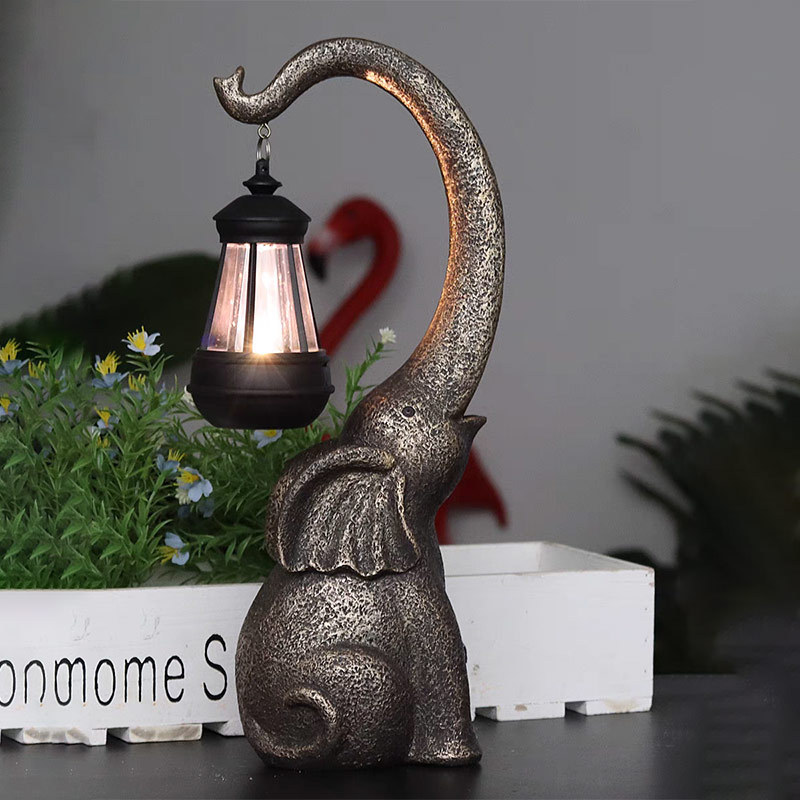 Cross-border balcony landscaping and arrangement, imitation stone elephant resin atmosphere lantern display, courtyard garden decoration, solar lamp full figure