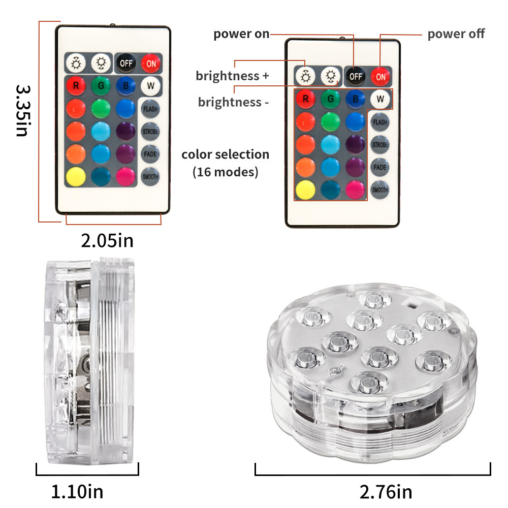 10-light diving light, underwater light, 24-key, 28-key remote control swimming pool diving light, fish tank light, aquarium light, remote control candle light Specification drawing