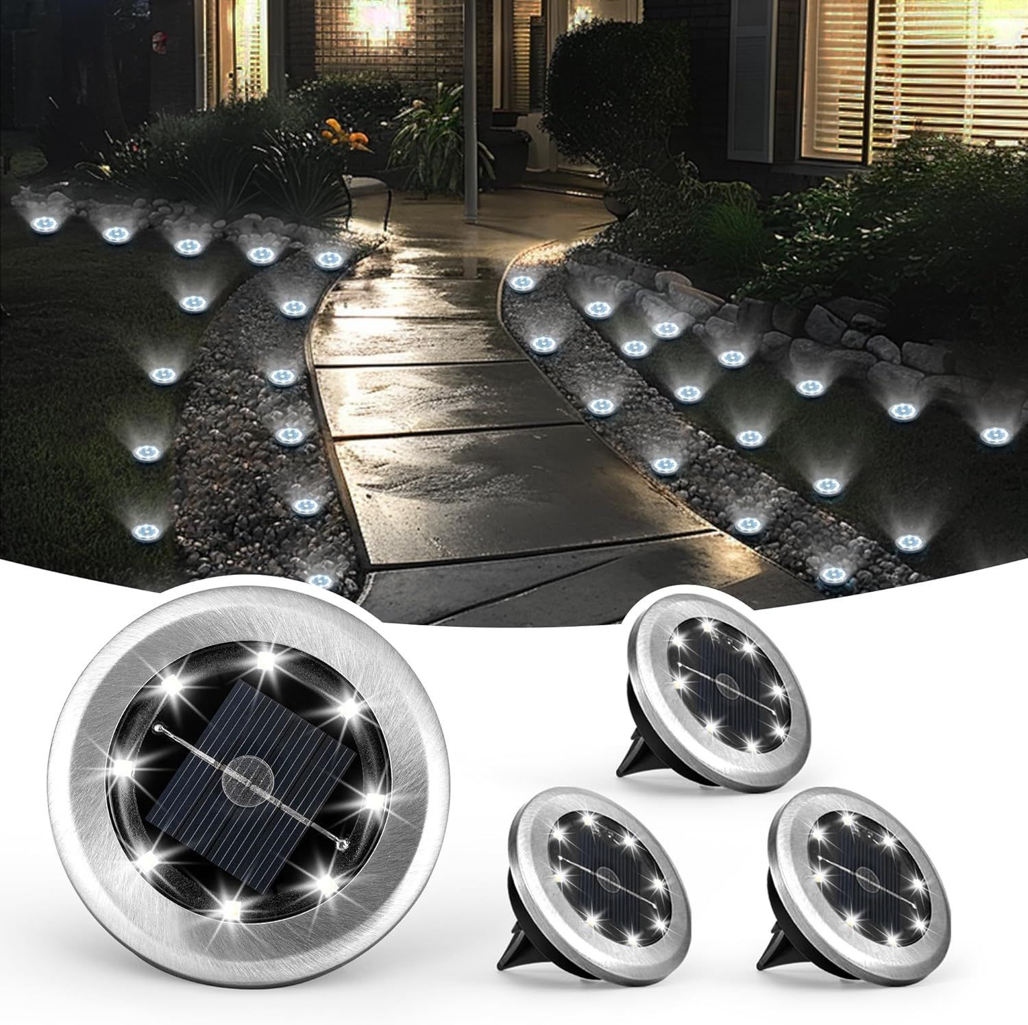 New outdoor solar 8-LED stainless steel ground light, courtyard lawn light, road and garden ground plug light, path light full figure