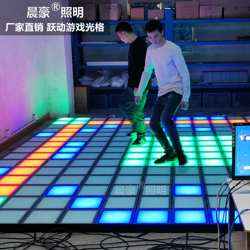 Dynamic grid interactive game, block-sensing floor tile light prop, human foot stepping on luminous seven-color gravity floor light details Picture