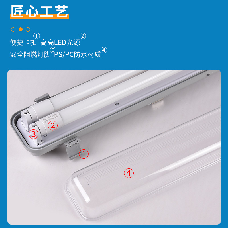 Jinrun led waterproof and moisture-proof single and Double tube T8 three-proof lamp bracket PC/PS flame-retardant three-proof lamp housing kit details Picture
