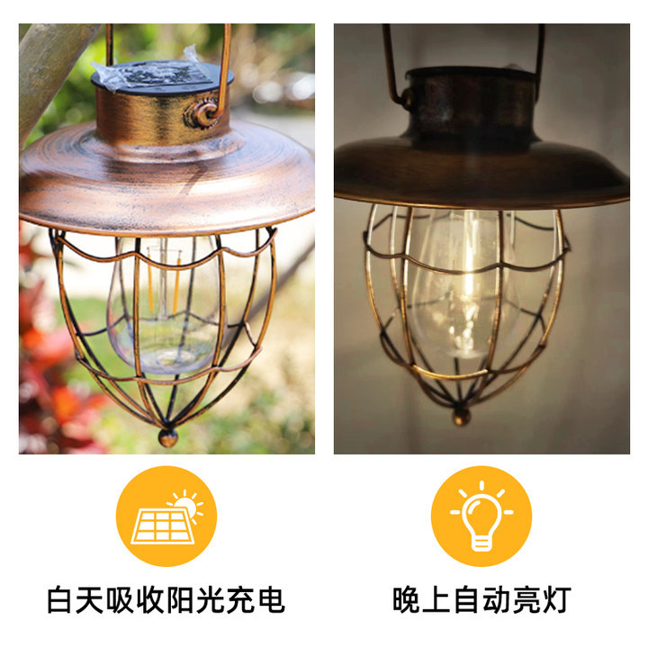 Cross-border solar ironwork hanging lamps, hollowed-out tungsten filament lanterns, retro hand-held lamps, outdoor garden lamps, lawn decorative lamps details Picture