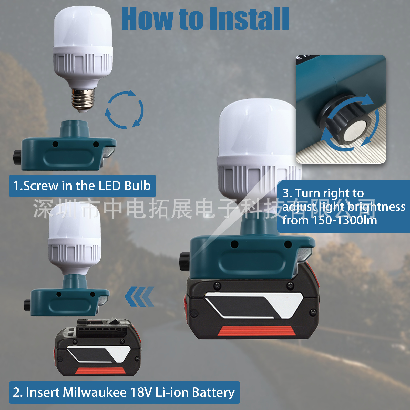 The outdoor emergency LED light is compatible with Makita Devi, Mivochi, Bosch and Baide 18-20V tool lithium batteries details Picture