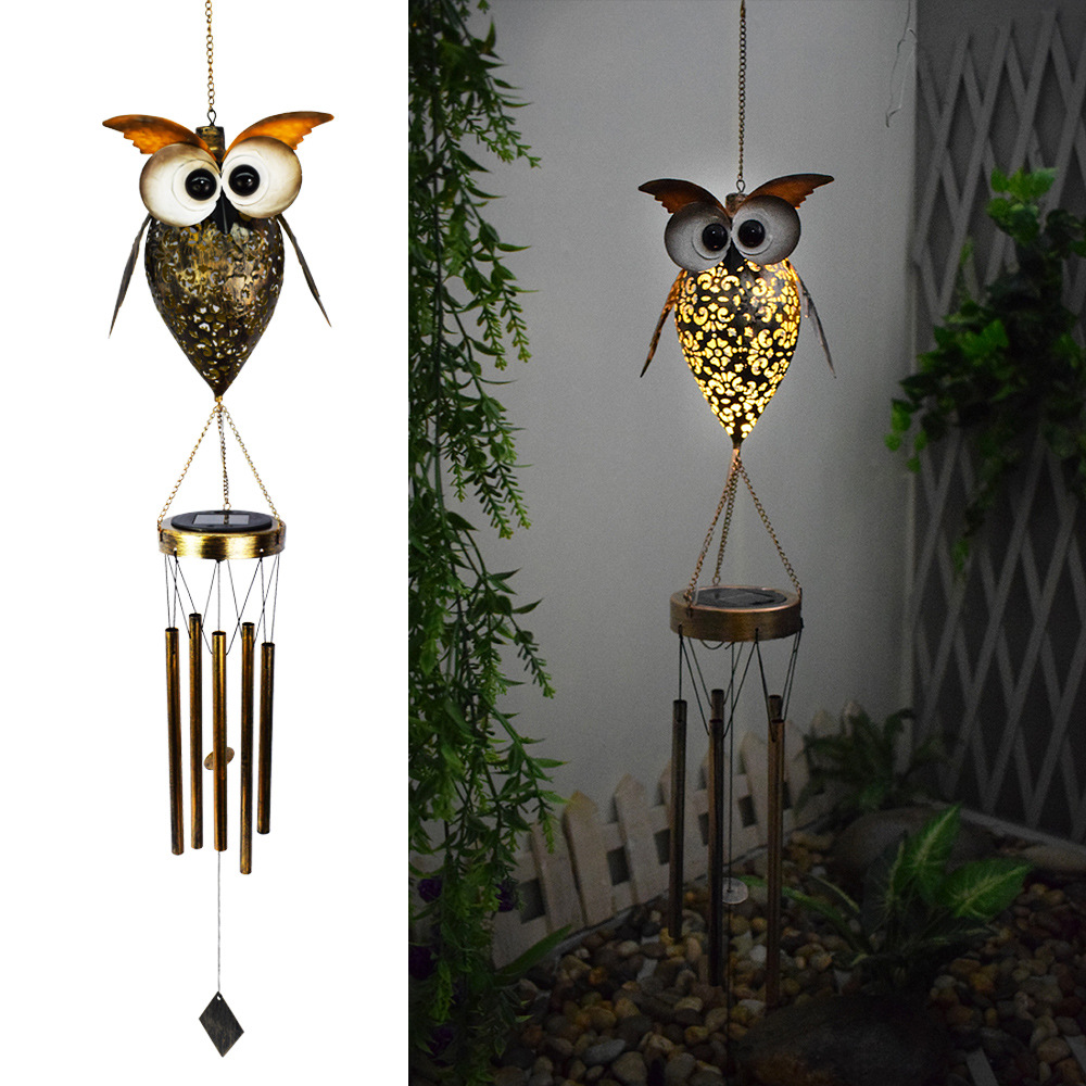 Cross-border best-selling creative solar-powered hollowed-out owl wind chime hanging ornaments, outdoor doorbells, small wind chimes, balcony decorative lights details Picture