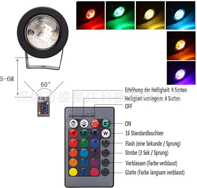 10W RGB underwater light, lawn light, seven-color infrared remote control underwater light, rgb ground projection light Specification drawing