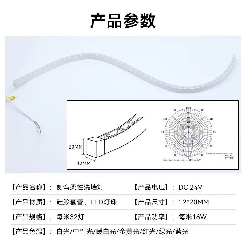 Outdoor waterproof flexible wall-washing light 24V Phantom color RGBW engineering wall-washing light strip DMX512 lens wall-washing light strip details Picture