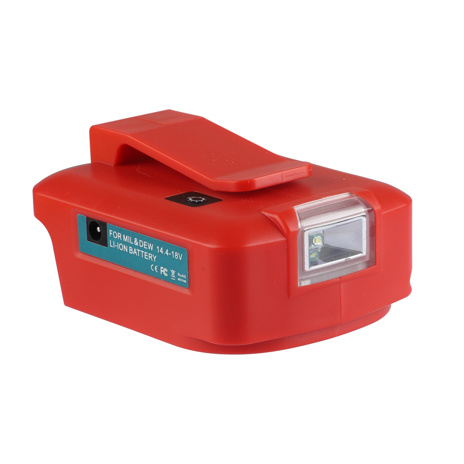 Compatible with Makita Dewei, Dr. Mivoch, Black & Decker battery interface, back clip 14V-18V USB converter with light Specification drawing