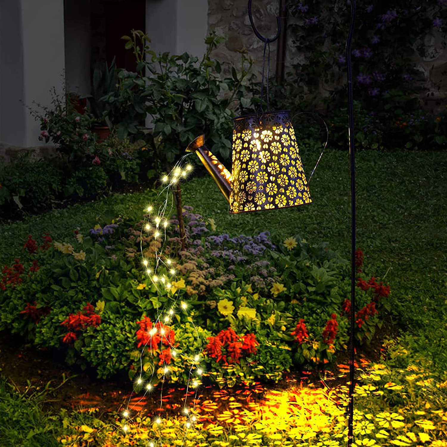 Amazon solar water bottle light, ironwork flowing water shower light, courtyard ground insert light, outdoor garden landscape decoration full figure