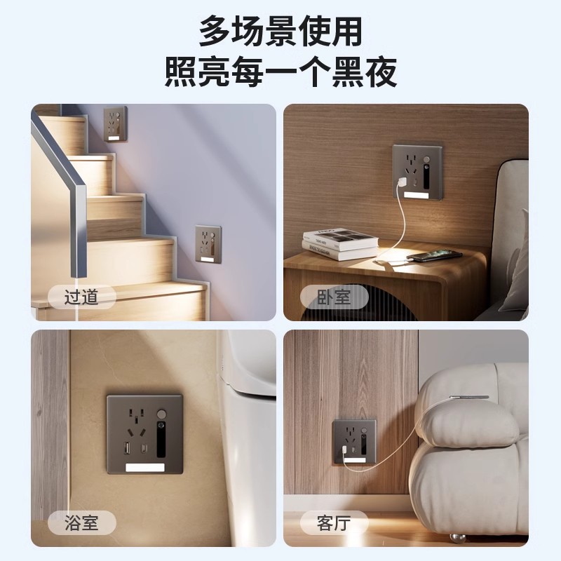 Human-sensing floor light with five-hole socket, USB fast charging, Type-c embedded night light bedside panel Application Scenario