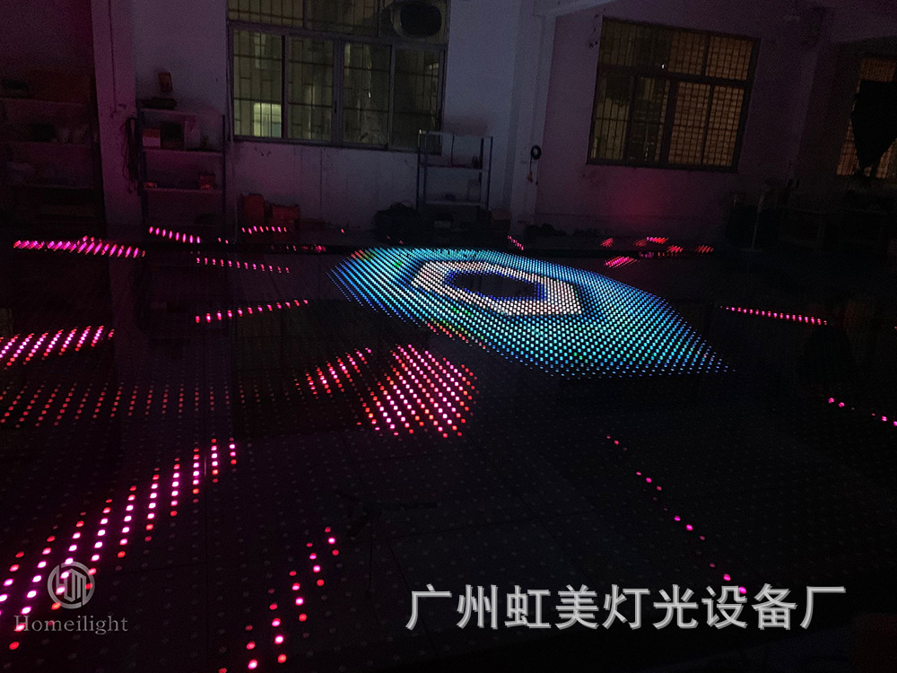 led floor tile lights, colored luminous tile patterns, interactive floor trampling, dmx stage video, pixel floor lights details Picture