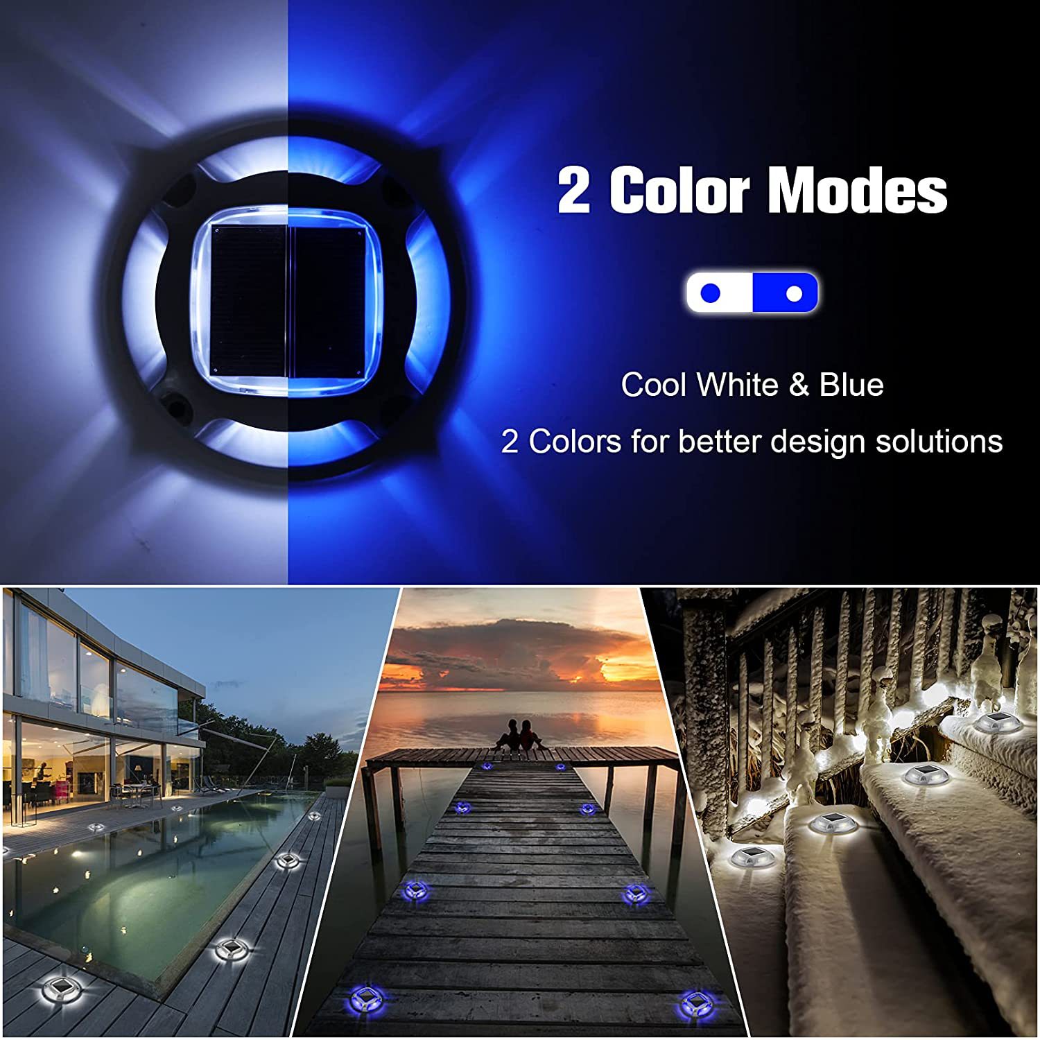 Circular solar ground lamp, four-sided light, dual-color switching ground lamp, courtyard steps, walkway, aluminum alloy, pressure-resistant details Picture