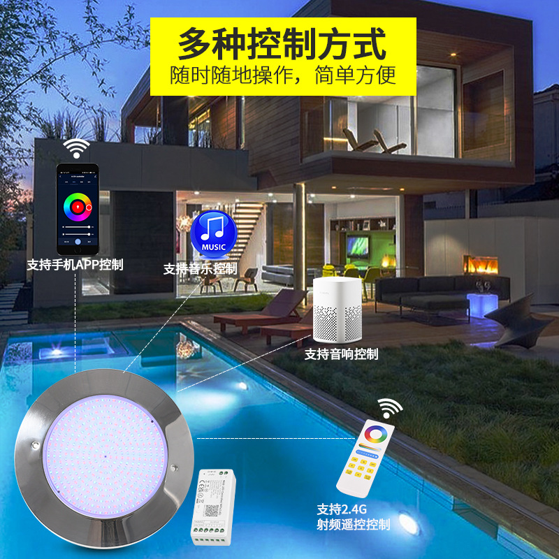 Cross-border stainless steel swimming pool light, IP68 waterproof, ultra-thin wall-mounted underwater light, smart app, fully filled with glue bottom light details Picture