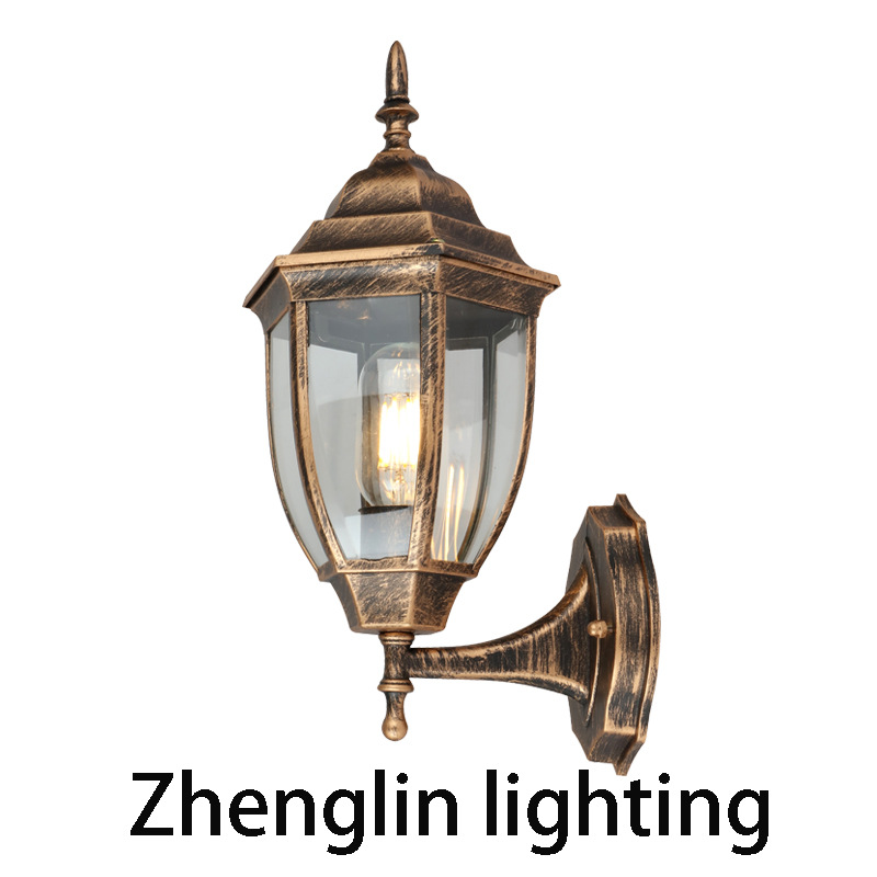 LED outdoor waterproof European retro garden villa landscape decoration gate lamp, curved hexagonal outdoor balcony wall lamp full figure