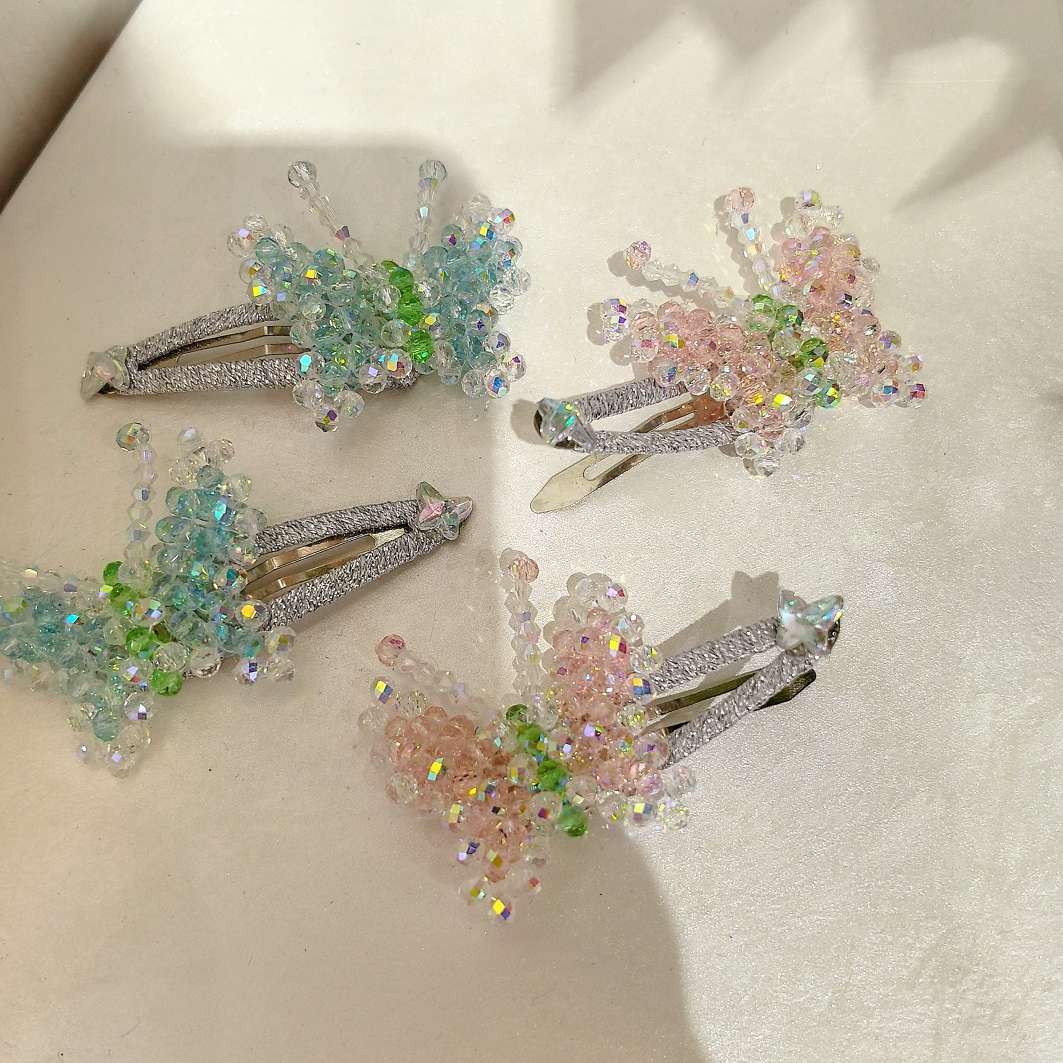 丛林蝴蝶发夹女水晶串珠掰掰夹碎发边夹发卡细节图