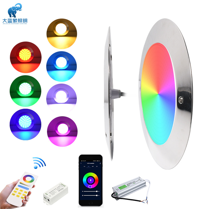 Cross-border stainless steel swimming pool light, IP68 waterproof, ultra-thin wall-mounted underwater light, smart app, fully filled with glue bottom light full figure