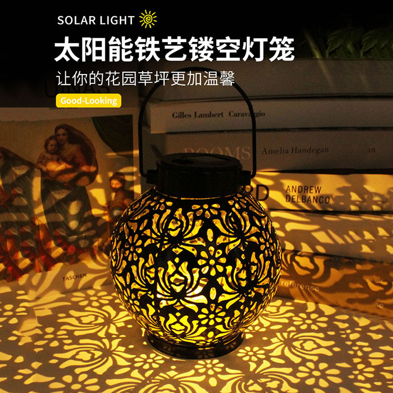 Solar-powered iron lanterns, hollowed-out lamps, outdoor waterproof garden lamps, decorative landscape garden lawn lamps, ornaments, hanging lamps full figure