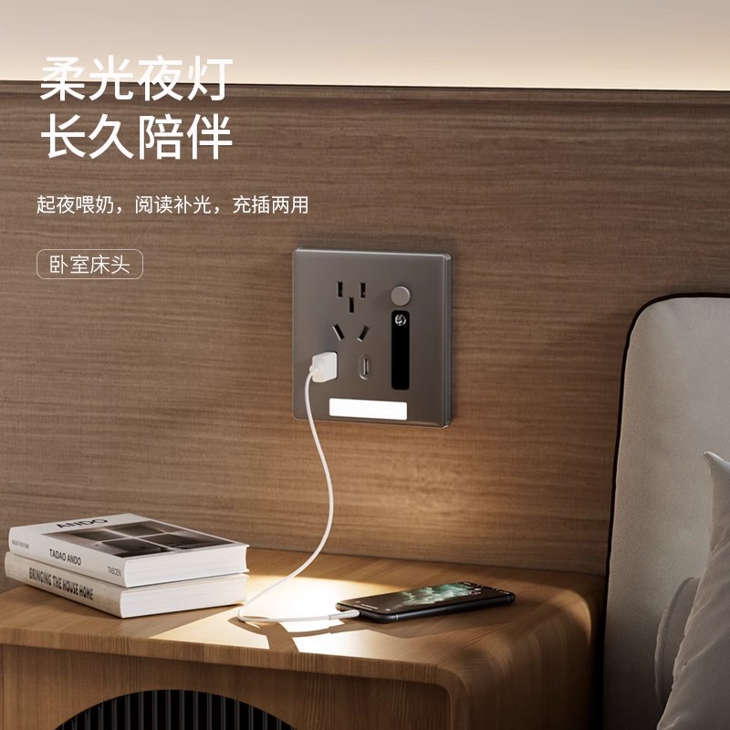 Human-sensing floor light with five-hole socket, USB fast charging, Type-c embedded night light bedside panel details Picture