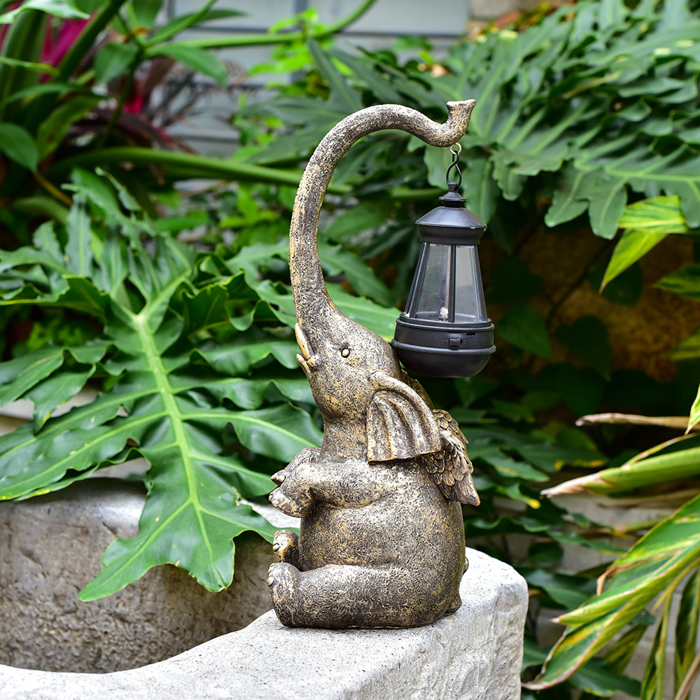 Amazon outdoor solar resin lamps, elephant statue ornaments, courtyard garden statues, decorative resin handicrafts Specification drawing