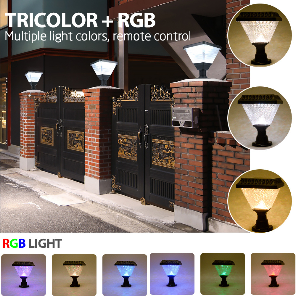 Cross-border bestseller 10WRGB Color Light three-color solar garden lamp, waterproof outdoor garden landscape column head lamp Application Scenario