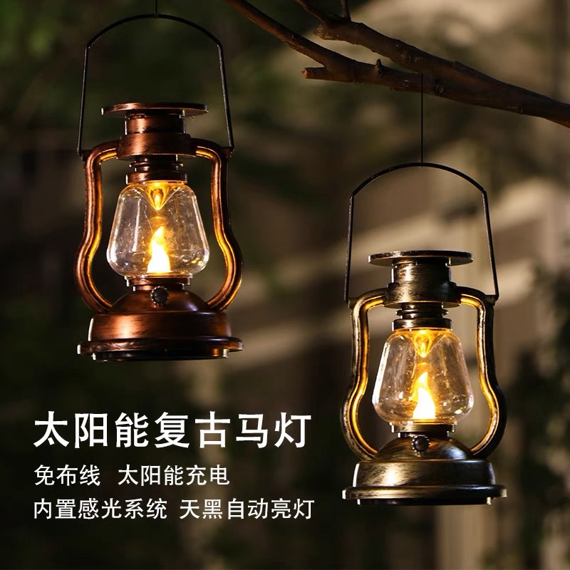 Amazon vintage solar kerosene lamp, outdoor garden courtyard decoration, night light, electronic candle, wind lantern, horse lantern full figure