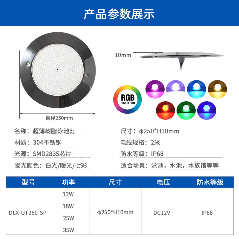 Cross-border stainless steel swimming pool light, IP68 waterproof, ultra-thin wall-mounted underwater light, smart app, fully filled with glue bottom light Specification drawing