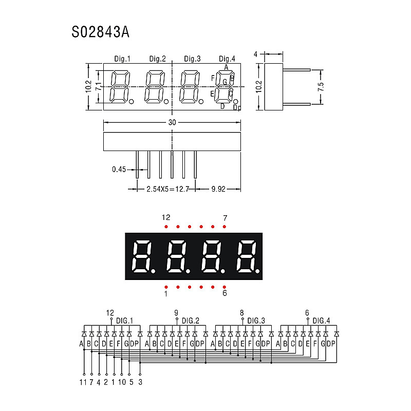 Thin LED digital tube - 0.28-inch 4-digit - in stock available for auction - JM-S02843A-B line in various colors Item Picture
