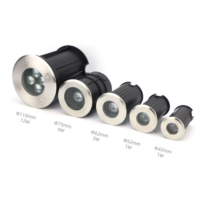 A narrow-beam ground light, a narrow-beam stainless steel ground light, is embedded in the exterior wall of the step without any residual beam full figure