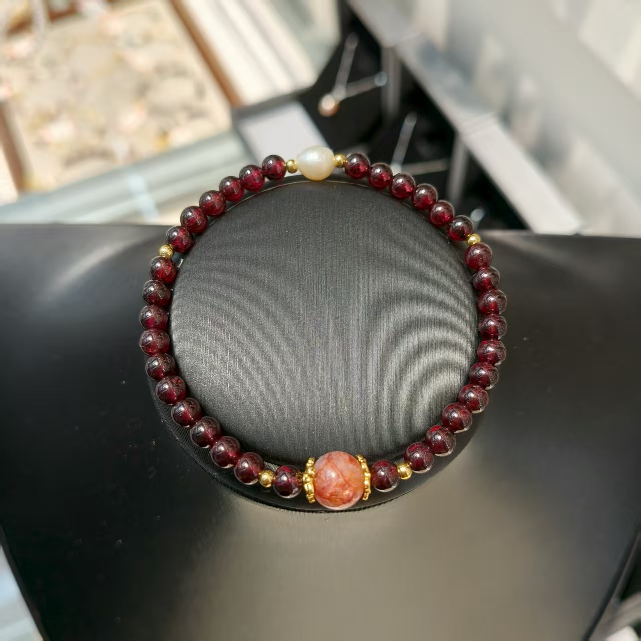 石榴石手串淡水珍珠设计款天然红胶花手链天然玉石多色