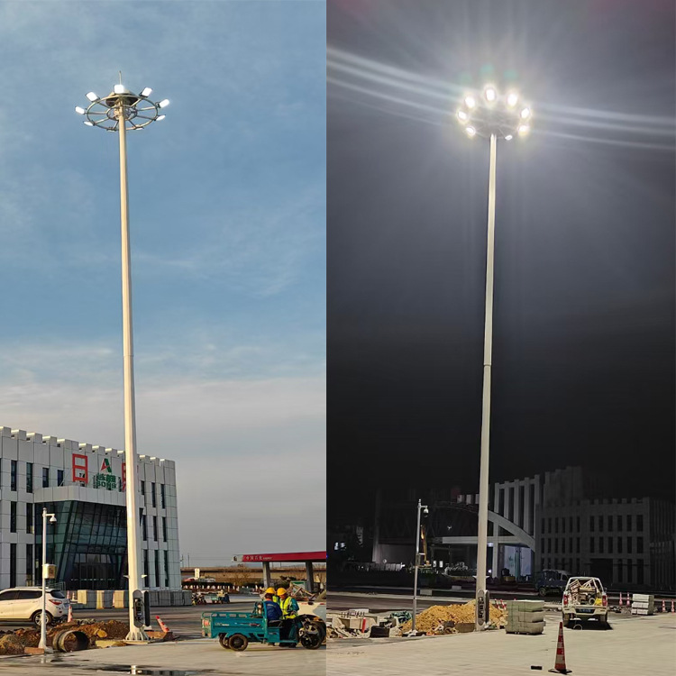 On-site installation of effect square lighting fixtures for the 20-meter lifting high-pole lamp service area, including 8-fire, 9-fire and 12-fire Meihua Lighting full figure