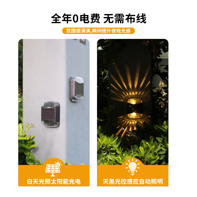 The new solar 4-LED light and shadow wall lamp is suitable for outdoor gardens, courtyards, decorative walls, and night lights. It is waterproof and emits light up and down Specification drawing