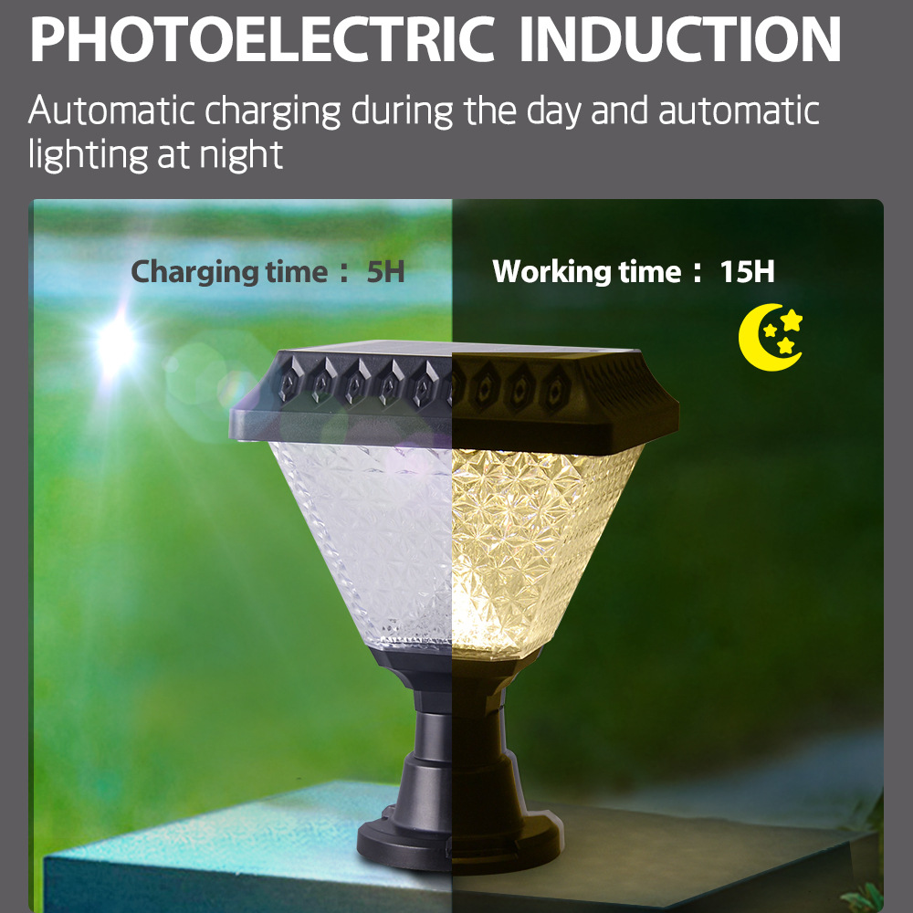 Cross-border bestseller 10WRGB Color Light three-color solar garden lamp, waterproof outdoor garden landscape column head lamp details Picture