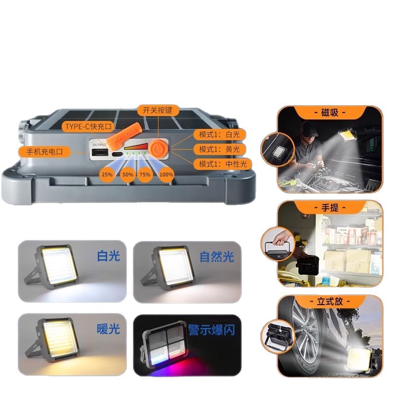 Solar lamps for outdoor high-power explosive lighting, setting up stalls, camping, courtyards, charging, emergency ultra-bright led lights with magnetic attraction and light concentration Item Picture