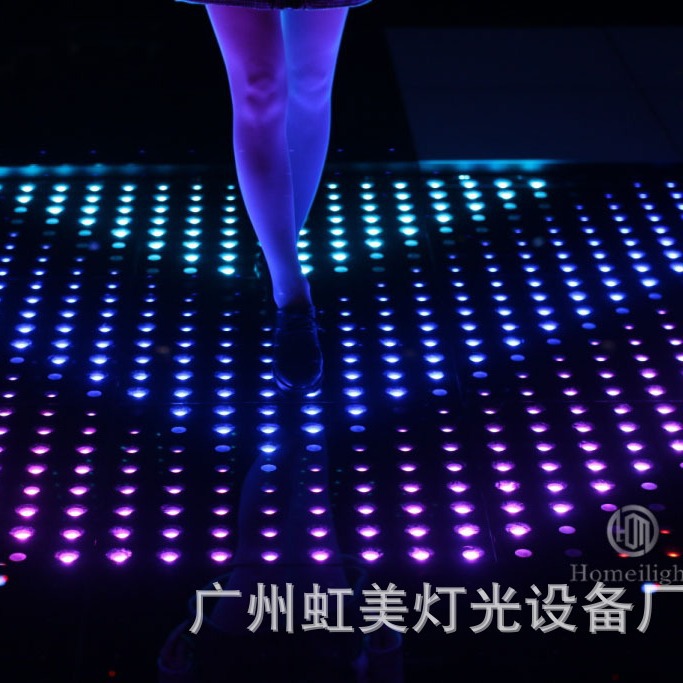 60x60cm seven-color tempered glass video floor tile with animated text effect, glowing and dancing floor tile full figure