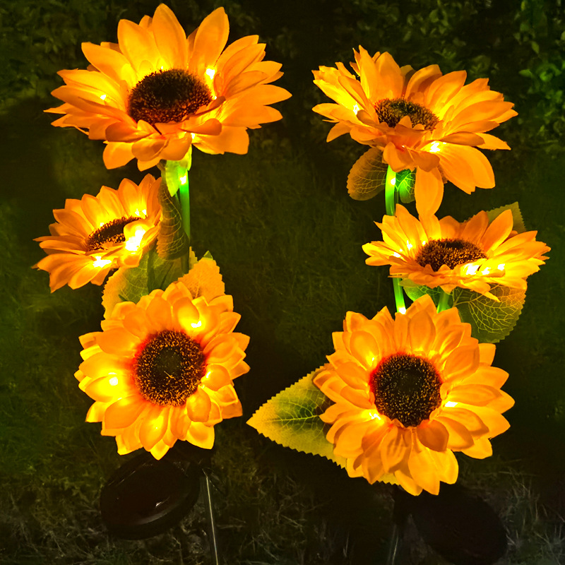 Solar lamps for outdoor lighting, sunflower simulation flowers, decorative atmosphere, color lights, gardens, courtyards, balconies, LED ground sockets Specification drawing