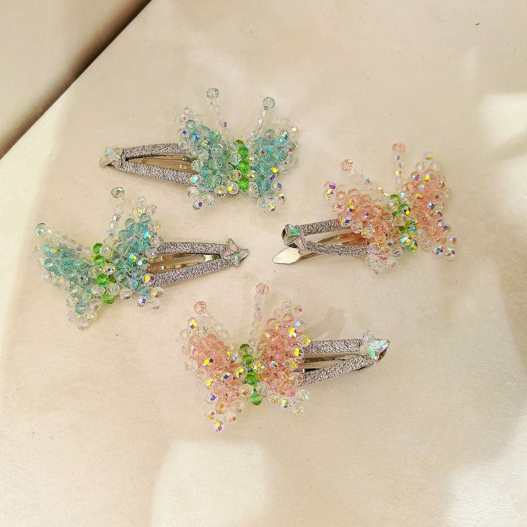 丛林蝴蝶发夹女水晶串珠掰掰夹碎发边夹发卡