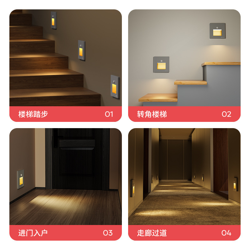 Smart human body sensor floor light, concealed installation type 86 model staircase step sensor light, home corridor LED night light Application Scenario