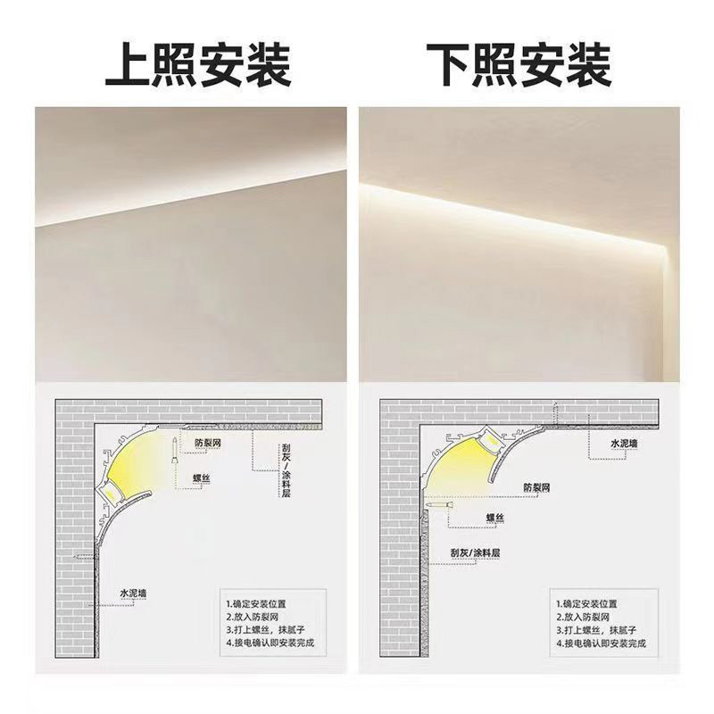 Ceiling-free exposed reflective light troughs, ceiling corner illuminated wall-washing line lights, living room suspended corner led plaster line lights Specification drawing