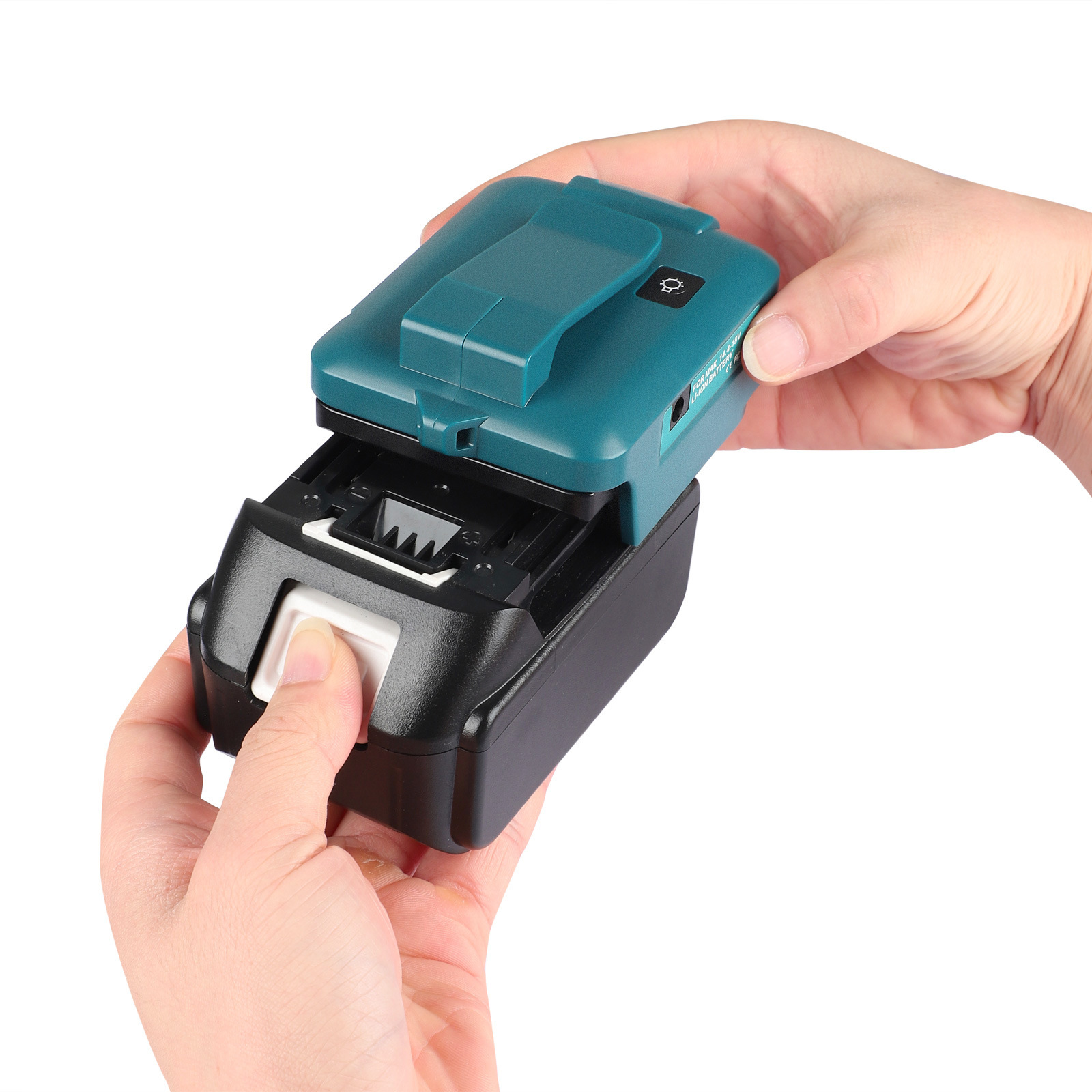 Compatible with Makita Dewei, Dr. Mivoch, Black & Decker battery interface, back clip 14V-18V USB converter with light details Picture